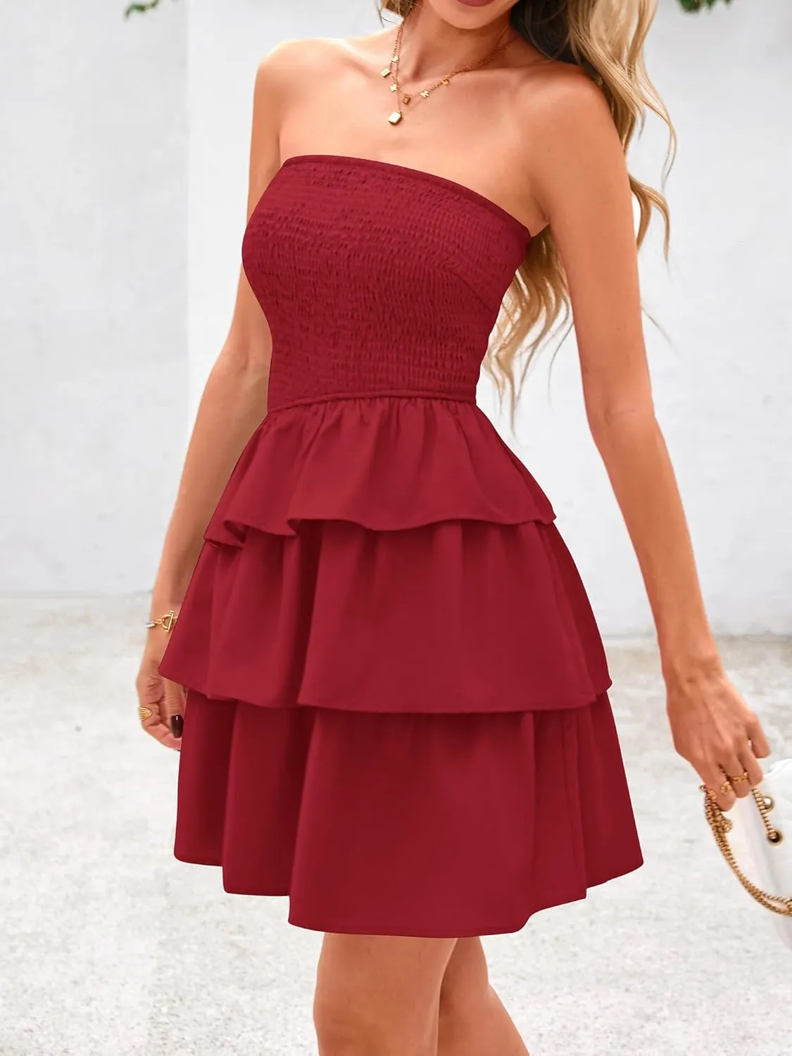 BTFBM Summer Dresses for Women Beach Dresses Strapless Boho Sundress Solid Color Tube Mini Dresses Party Dresses