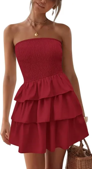 BTFBM Summer Dresses for Women Beach Dresses Strapless Boho Sundress Solid Color Tube Mini Dresses Party Dresses
