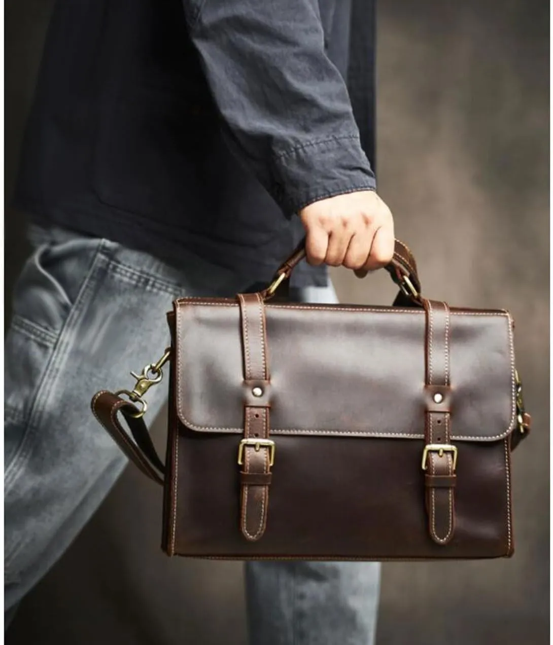 Business Briefcases Mens Handbags Messenger Shoulder Bags Genuine Leather Laptop Bags Carrying Cases 13.4Inch