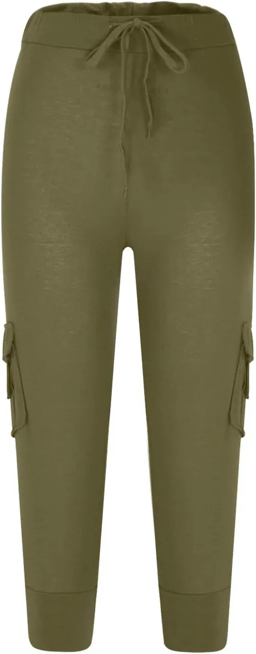 Capri Pants for Women Cropped Yoga Workout Leggings Casual Stretchy Drawstring Jogger Capris with Cargo Pockets