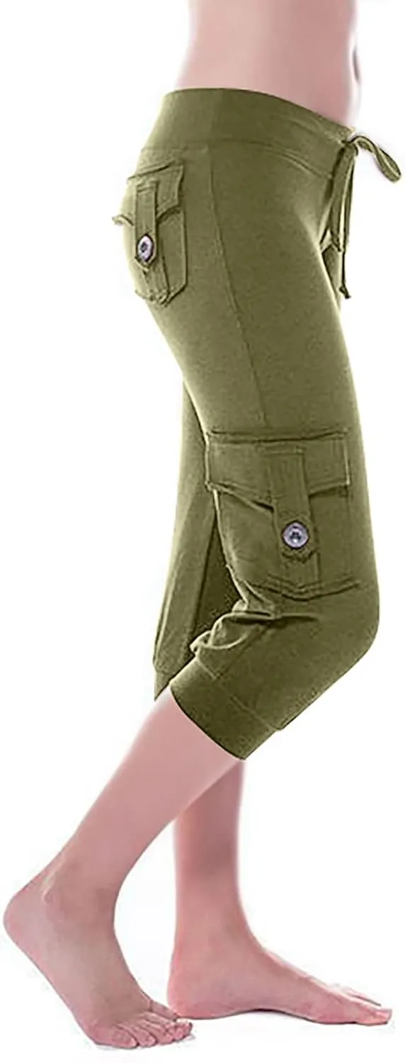 Capri Pants for Women Cropped Yoga Workout Leggings Casual Stretchy Drawstring Jogger Capris with Cargo Pockets