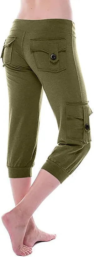 Capri Pants for Women Cropped Yoga Workout Leggings Casual Stretchy Drawstring Jogger Capris with Cargo Pockets