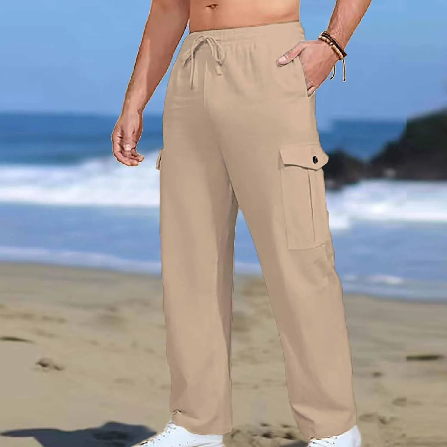 Cargo Pants for Men Plus Size Solid Light Outdoor Hiking Pant Elastic Waist Drawstring Trousers with Multi Pockets