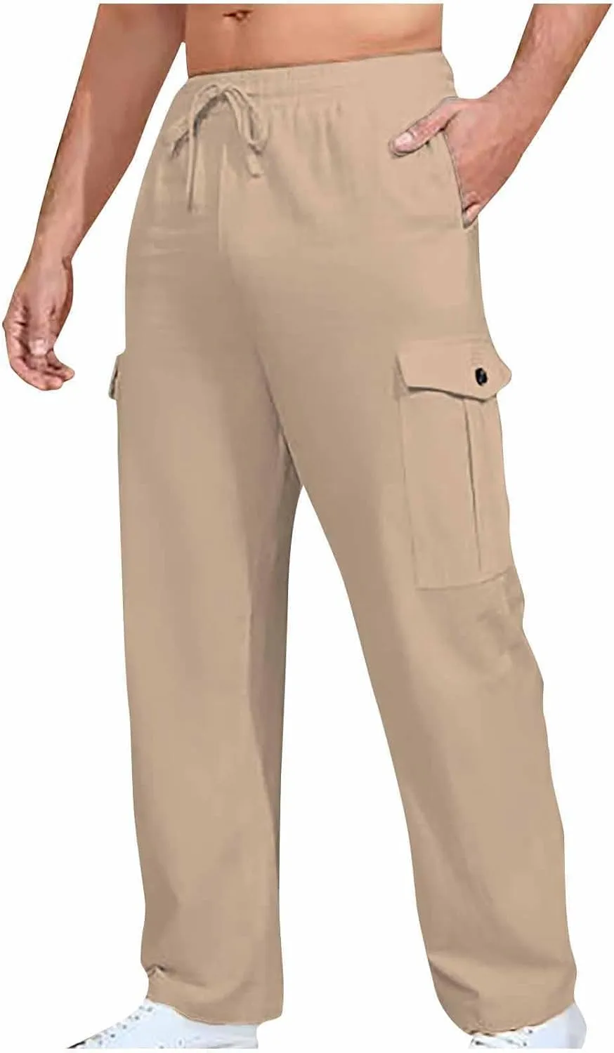 Cargo Pants for Men Plus Size Solid Light Outdoor Hiking Pant Elastic Waist Drawstring Trousers with Multi Pockets