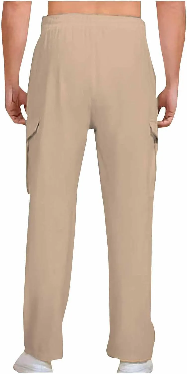 Cargo Pants for Men Plus Size Solid Light Outdoor Hiking Pant Elastic Waist Drawstring Trousers with Multi Pockets