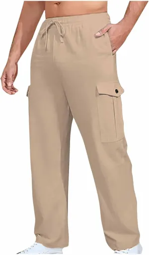 Cargo Pants for Men Plus Size Solid Light Outdoor Hiking Pant Elastic Waist Drawstring Trousers with Multi Pockets