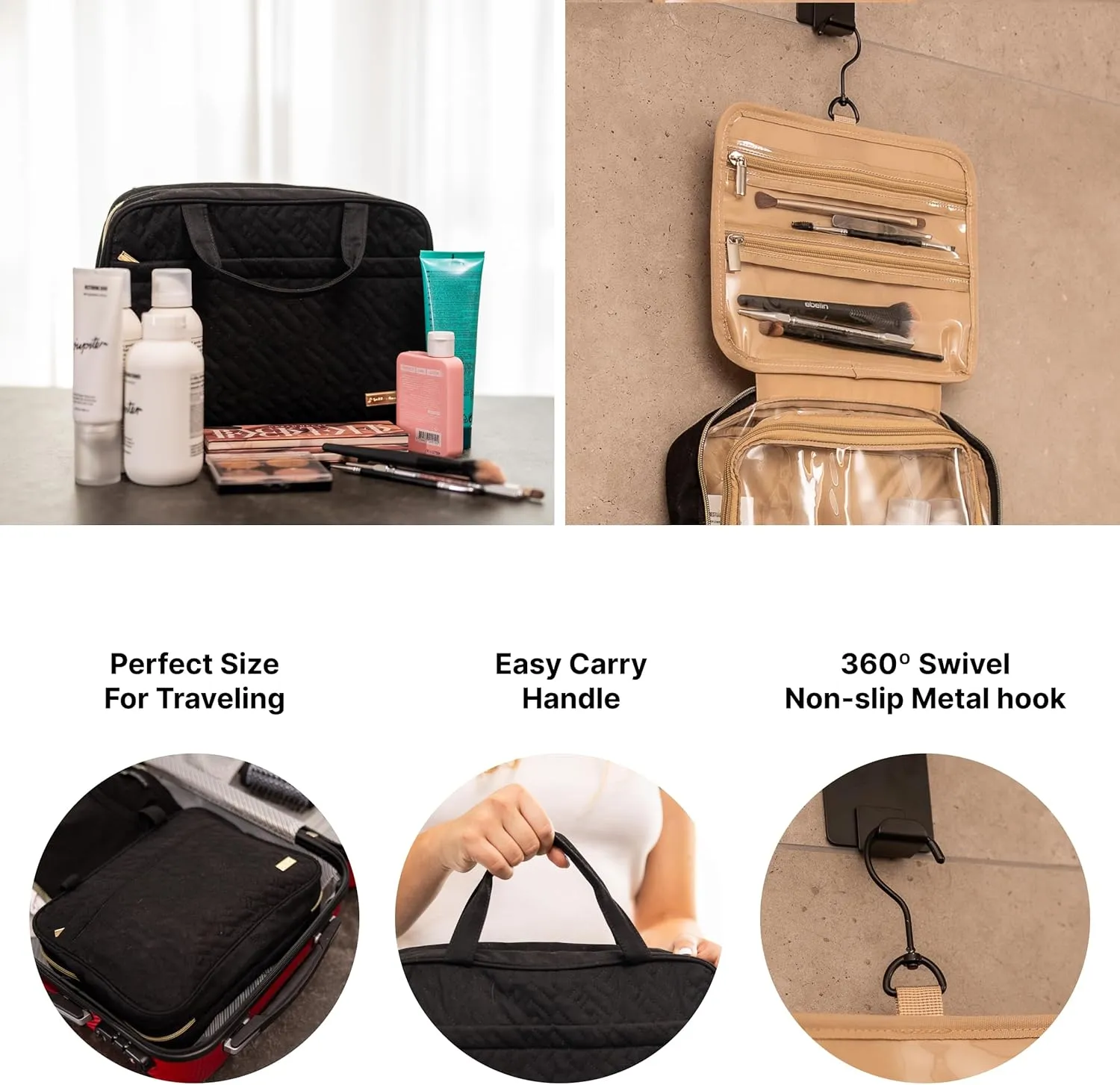 Carrywell (Not Made In China) Hanging Toiletry Bag For Women, Toiletries Bag, Travel Make Up Organizer, Water-Resistant Case For Cosmetics, Makeup and Brushes (Black, Medium)