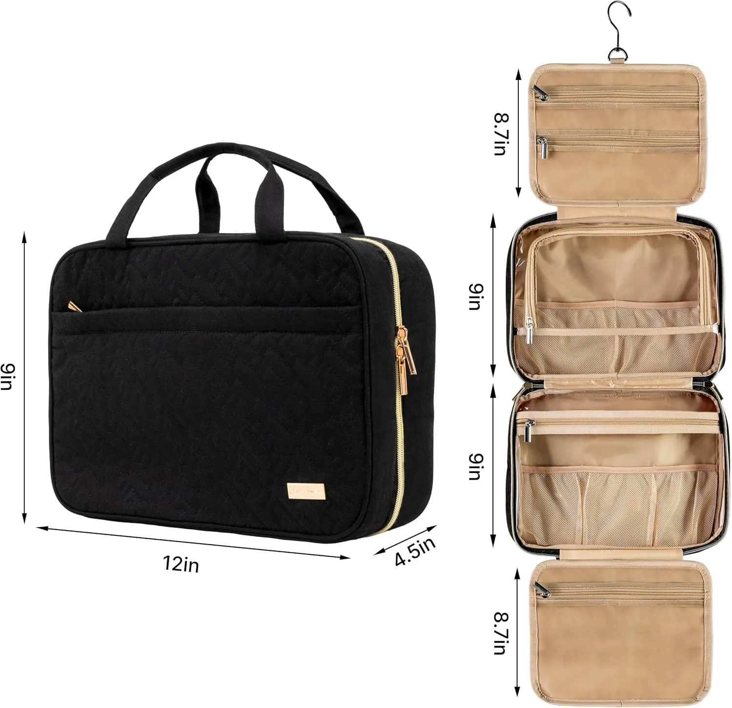 Carrywell (Not Made In China) Hanging Toiletry Bag For Women, Toiletries Bag, Travel Make Up Organizer, Water-Resistant Case For Cosmetics, Makeup and Brushes (Black, Medium)