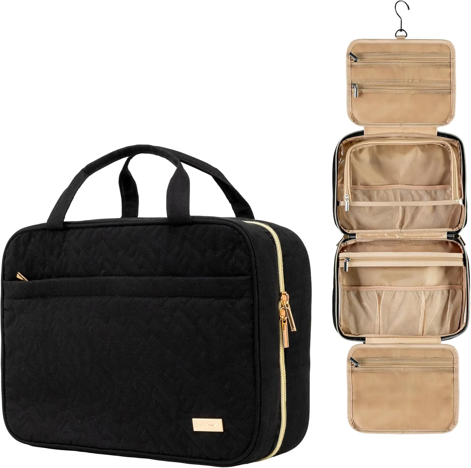 Carrywell (Not Made In China) Hanging Toiletry Bag For Women, Toiletries Bag, Travel Make Up Organizer, Water-Resistant Case For Cosmetics, Makeup and Brushes (Black, Medium)