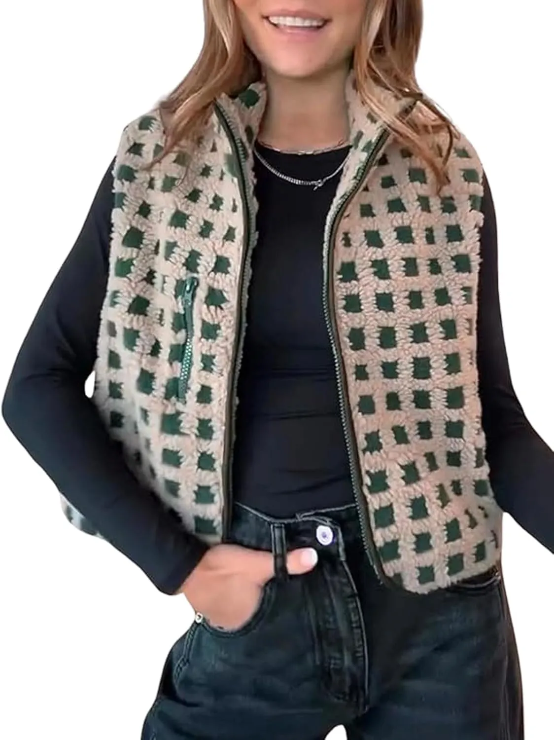 CHARTOU Cropped Checkered Fleece Vest Women Stand Collar Sleeveless Sherpa Jacket Fuzzy Zip Up Coat Fall