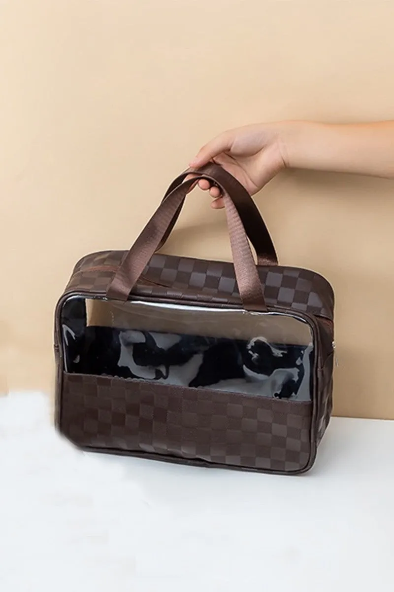 Checkered Pattern Travel Clear Bag/ Brown