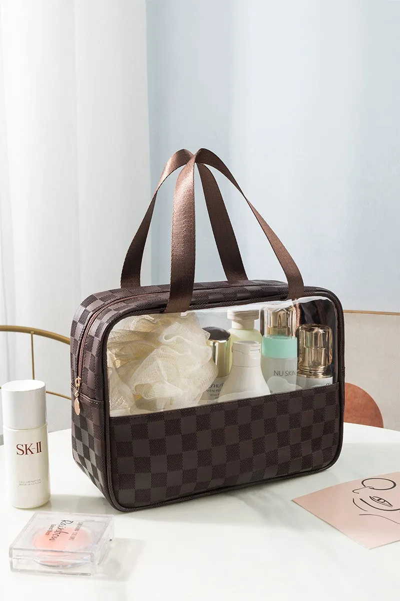 Checkered Pattern Travel Clear Bag/ Brown