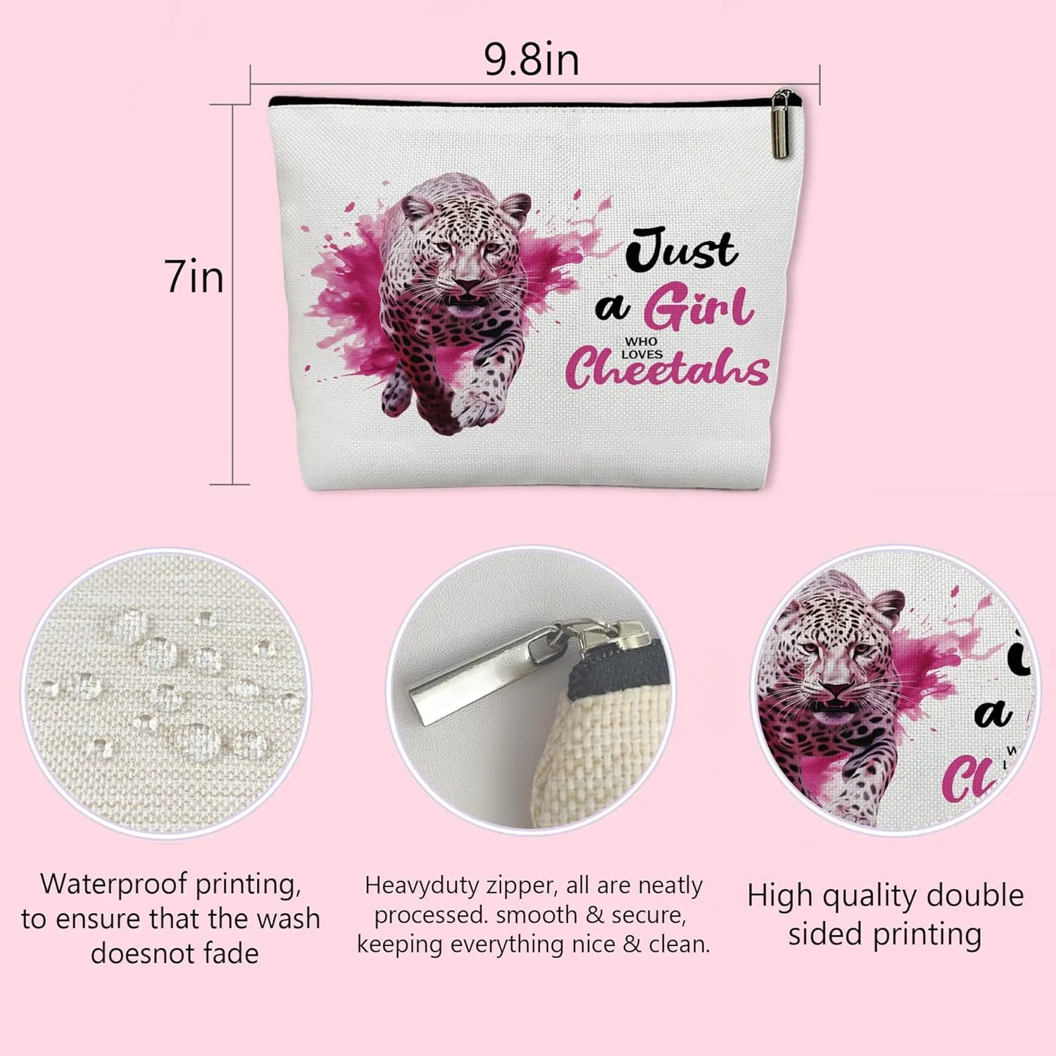 Cheetah Print Makeup Bag for Women & Teens, Cute Pink Cosmetic Pouch with Zipper, Animal Lovers Gift for Birthdays, Travel, Graduation, Stylish Preppy Accessories for Girls, Friends, Sisters