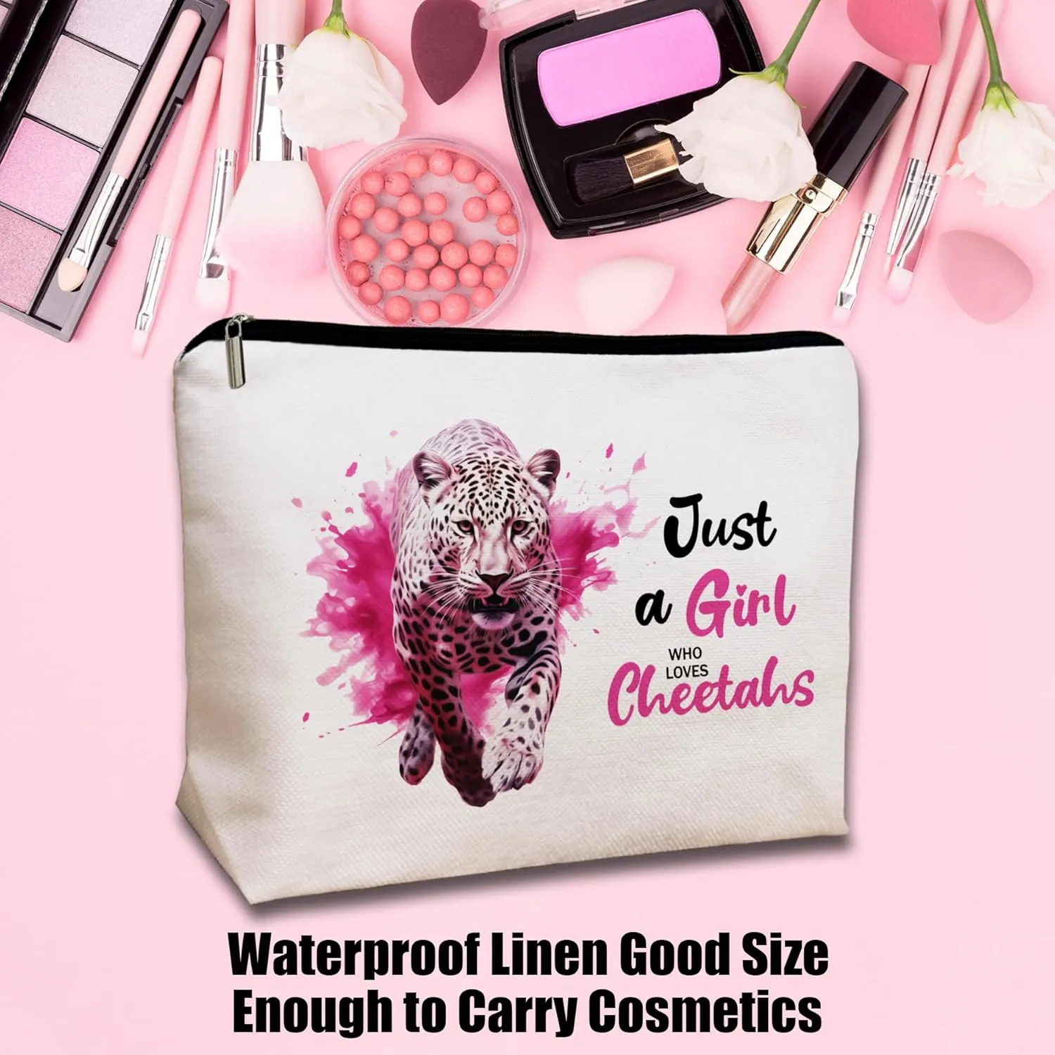Cheetah Print Makeup Bag for Women & Teens, Cute Pink Cosmetic Pouch with Zipper, Animal Lovers Gift for Birthdays, Travel, Graduation, Stylish Preppy Accessories for Girls, Friends, Sisters