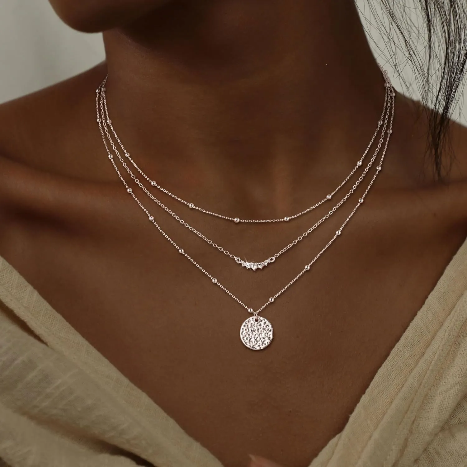 CHESKY Layered Silver Necklaces for Women Trendy,Streling Silver Dainty Stackable Charm Necklace for Womens Layering Paperclip Tennis Rope Chain Diamond Pendant Necklaces Jewelry Set for Women Gifts