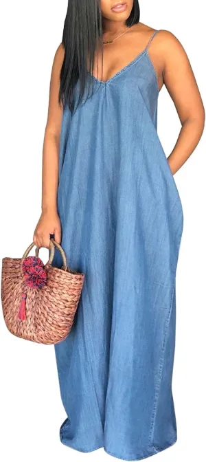 Chuanqi Womens Summer Spaghetti Strap Dresses Casual Denim Deep V Neck Loose Maxi Dress
