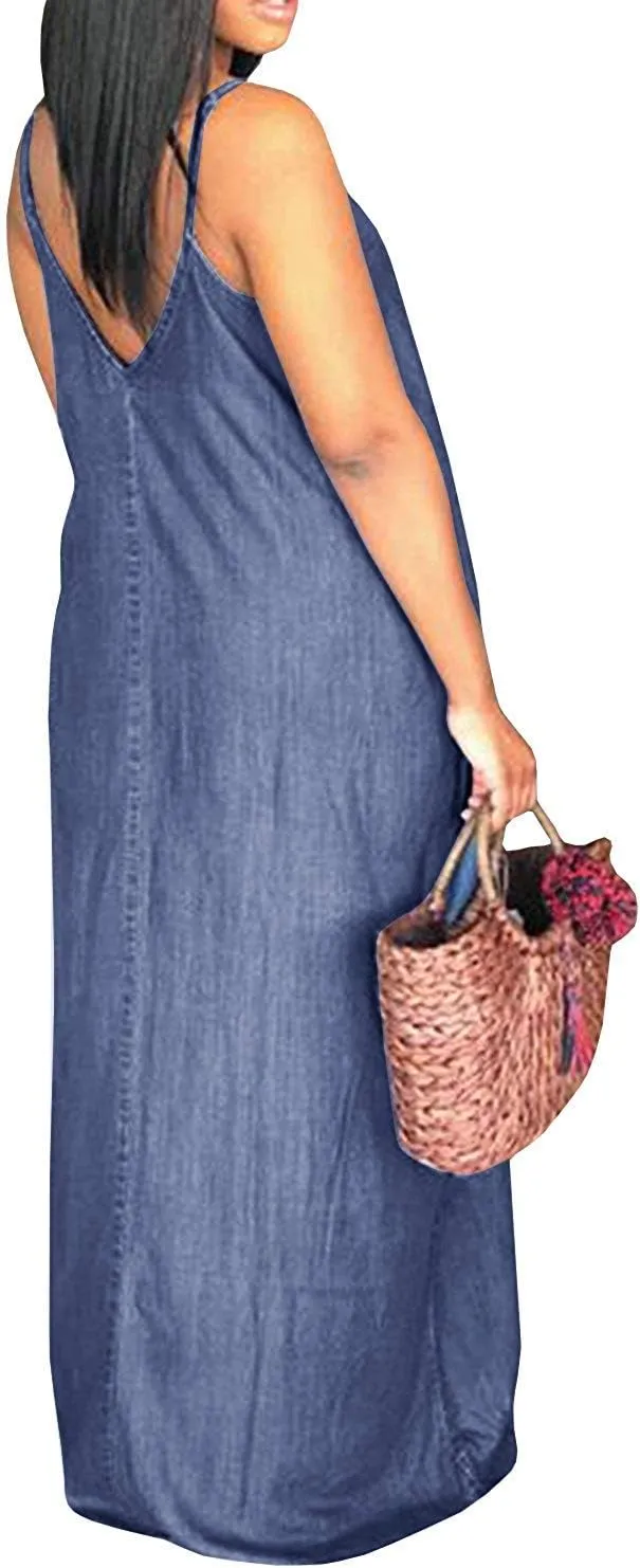 Chuanqi Womens Summer Spaghetti Strap Dresses Casual Denim Deep V Neck Loose Maxi Dress