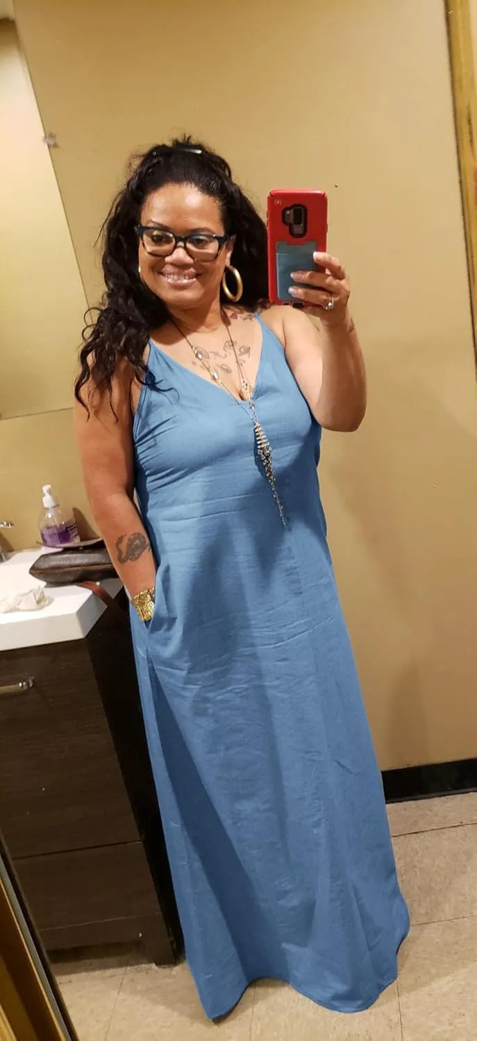 Chuanqi Womens Summer Spaghetti Strap Dresses Casual Denim Deep V Neck Loose Maxi Dress