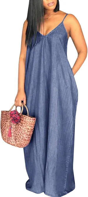 Chuanqi Womens Summer Spaghetti Strap Dresses Casual Denim Deep V Neck Loose Maxi Dress