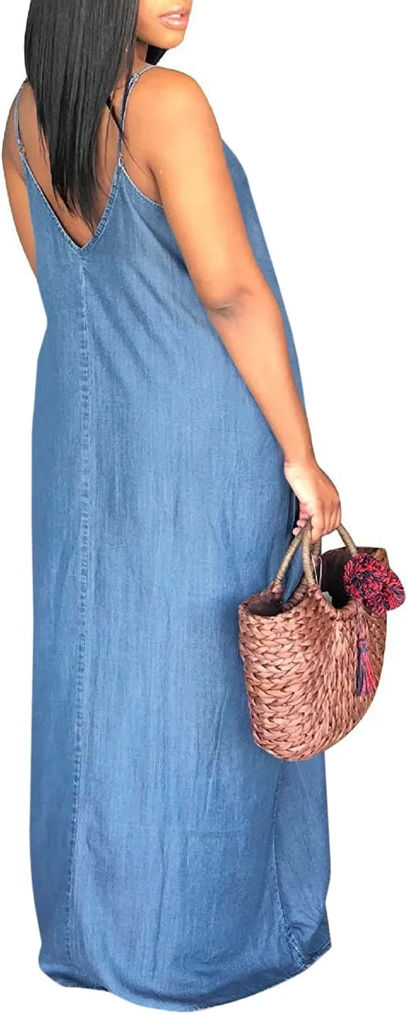 Chuanqi Womens Summer Spaghetti Strap Dresses Casual Denim Deep V Neck Loose Maxi Dress