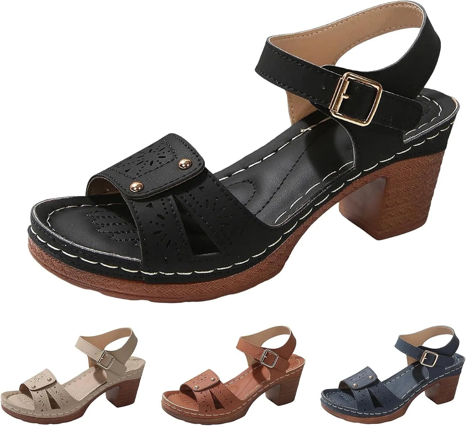 Chunky Heels for Women Dressy Casual Hollow Out Open Toe Block Heels Adjustable Ankle Strap Low Heel Sandals Work Office Shoes