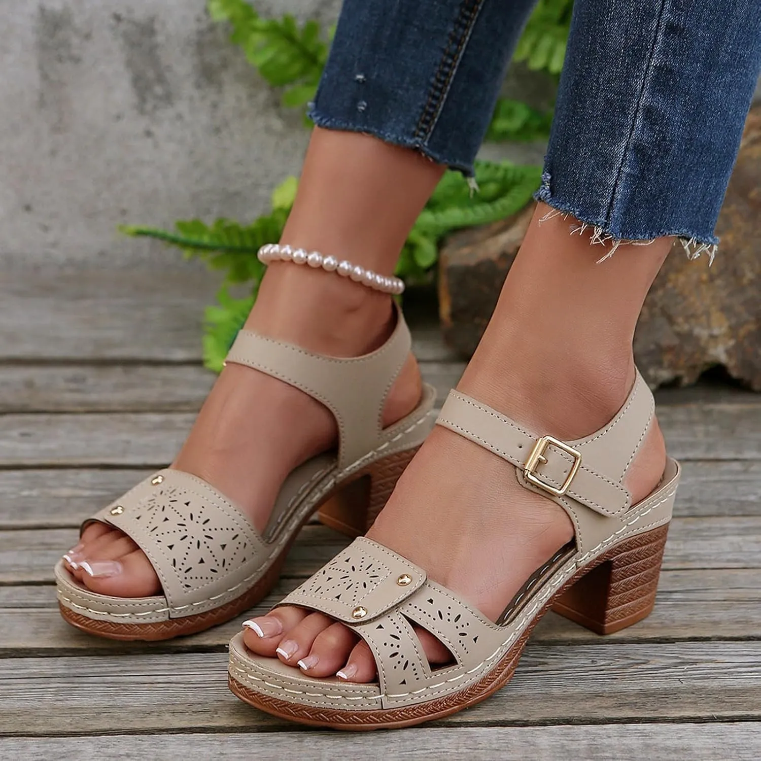 Chunky Heels for Women Dressy Casual Hollow Out Open Toe Block Heels Adjustable Ankle Strap Low Heel Sandals Work Office Shoes
