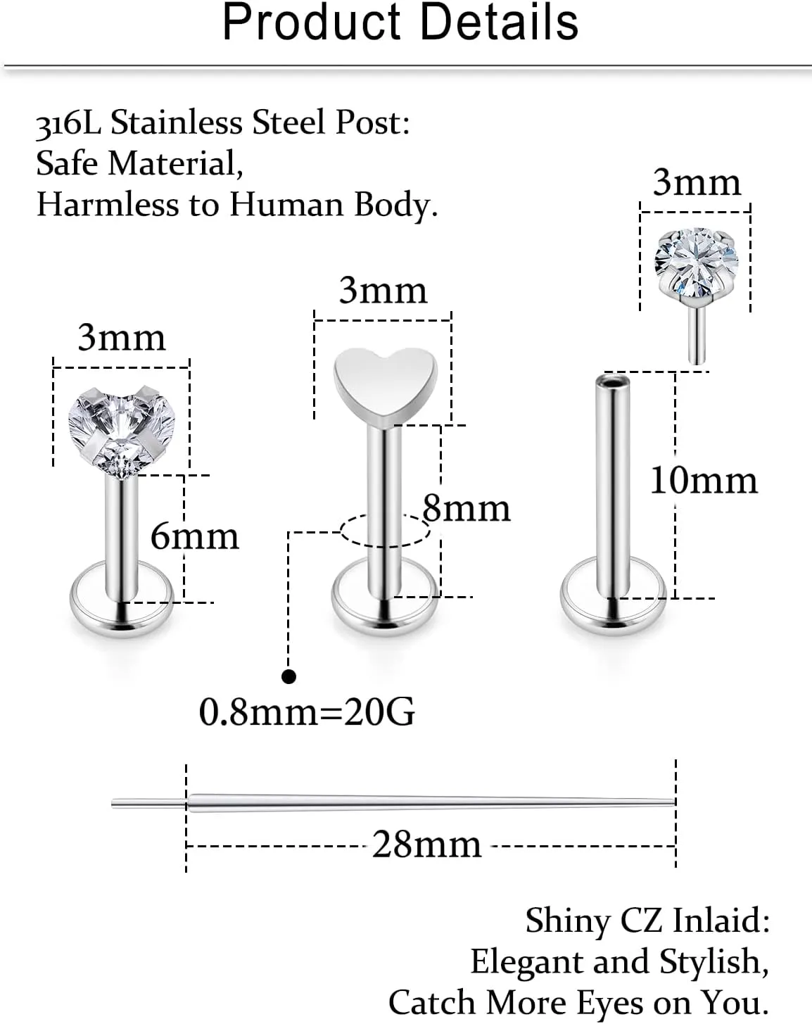 Cisyozi 20G 18G 16G Threadless Push in Nose Rings Studs With Fat Back 316L Surgical Steel Lip Labret Medusa Rings Studs Cartilage Tragus Helix Ear Earring Body Jewelry Piercing for Women Men 7mm Bars