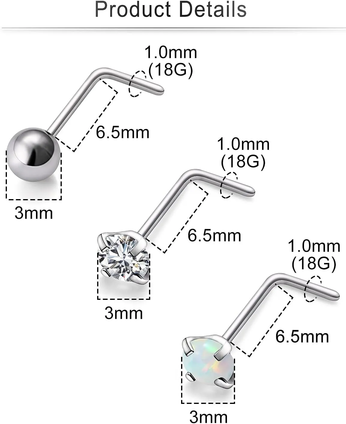 Cisyozi Titanium Nose Rings - 22G, 20G, 18G Hypoallergenic L Shaped Studs for Women & Men - CZ Opal Heart Square Nose Rings for Sensitive Skin