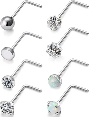 Cisyozi Titanium Nose Rings - 22G, 20G, 18G Hypoallergenic L Shaped Studs for Women & Men - CZ Opal Heart Square Nose Rings for Sensitive Skin