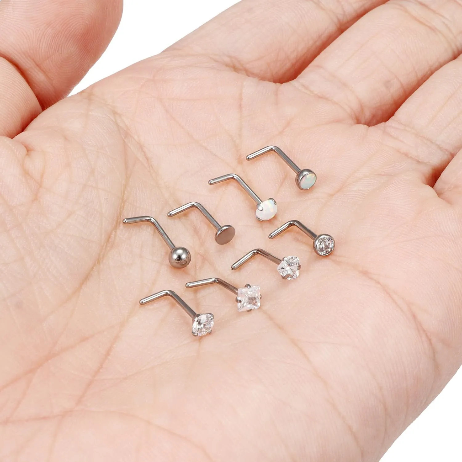 Cisyozi Titanium Nose Rings - 22G, 20G, 18G Hypoallergenic L Shaped Studs for Women & Men - CZ Opal Heart Square Nose Rings for Sensitive Skin