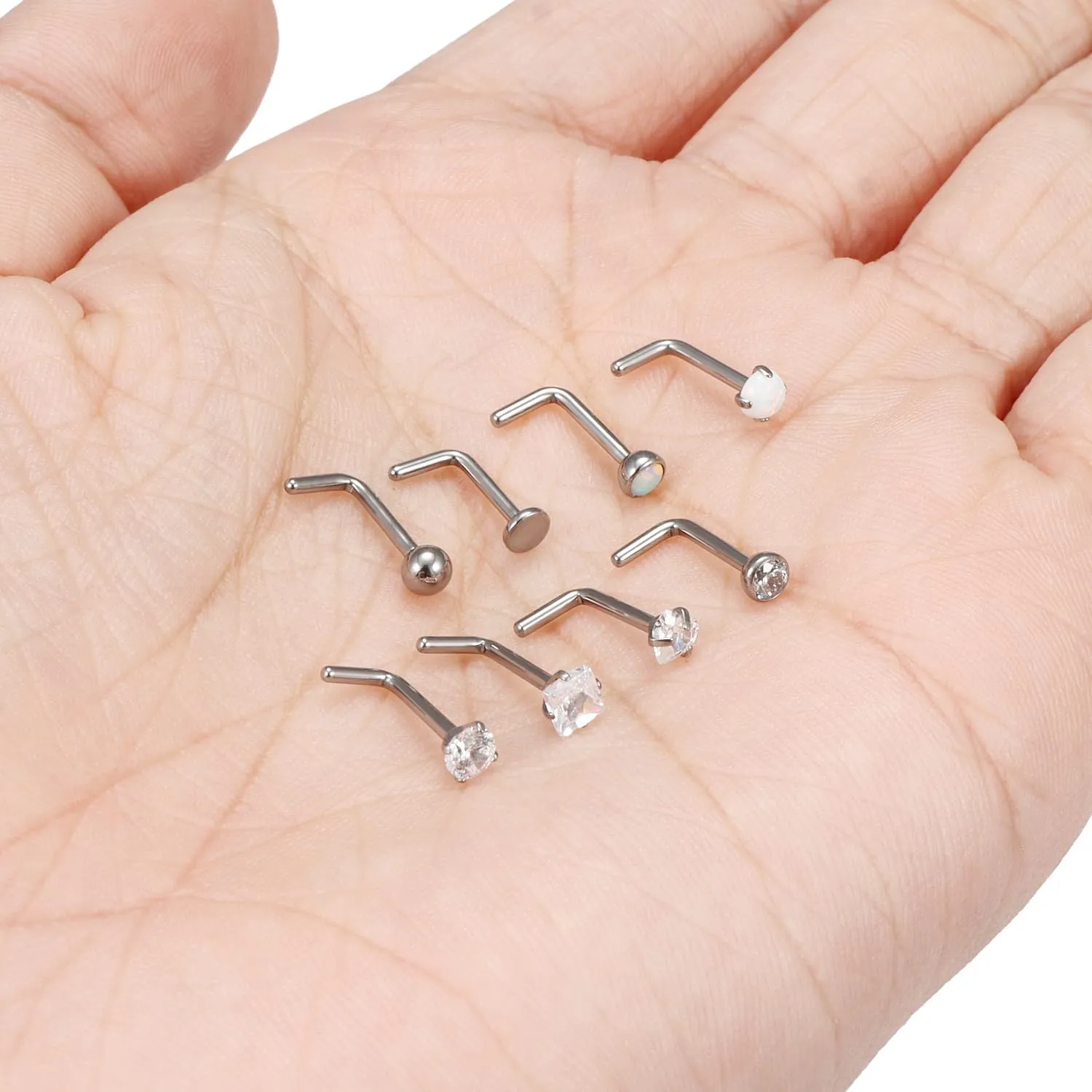 Cisyozi Titanium Nose Rings - 22G, 20G, 18G Hypoallergenic L Shaped Studs for Women & Men - CZ Opal Heart Square Nose Rings for Sensitive Skin