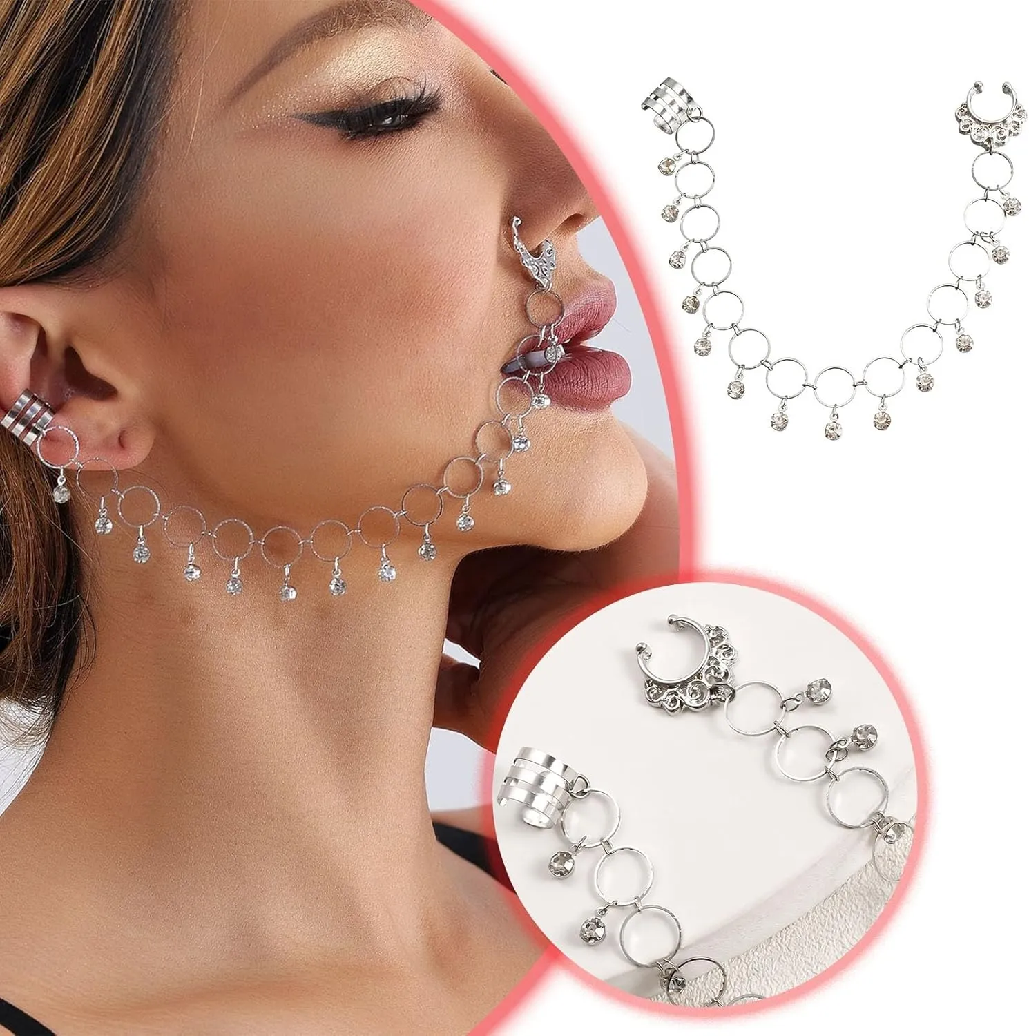 Clip on Nose Ring Men Jewelry Earrings For Women Stage Punch Rhinestone Tassel Nose Ring Nose Ring Double