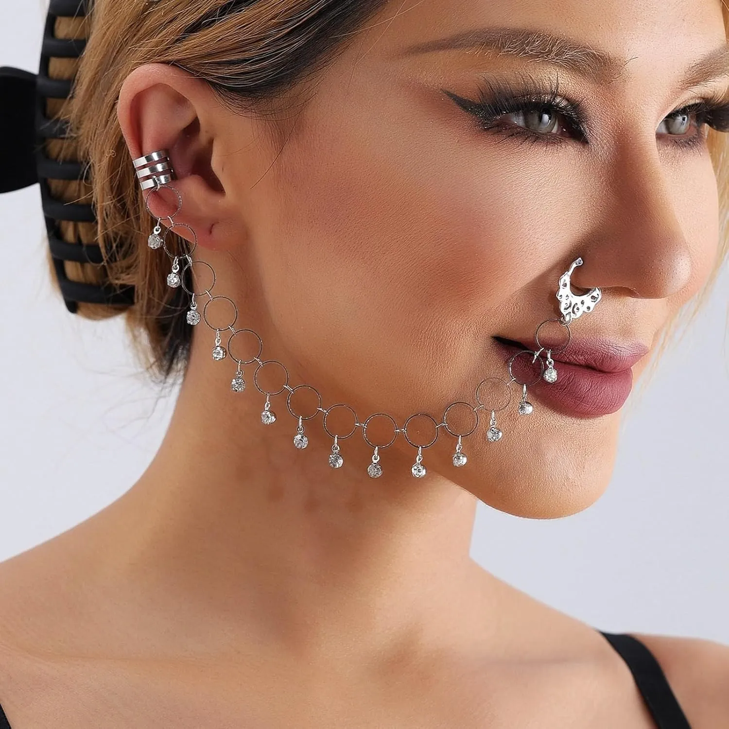Clip on Nose Ring Men Jewelry Earrings For Women Stage Punch Rhinestone Tassel Nose Ring Nose Ring Double