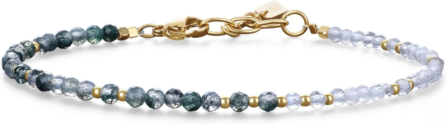 COAI Moss Agate Moonstone Bracelet for Women, Adjustable Gold Plated Stainless Steel Crystal Bracelet for Women 3mm