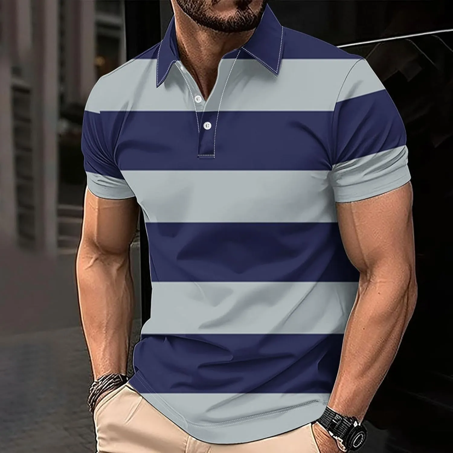 Color Block Golf Shirts for Men Short Sleeve Regular Fit Moisture Wicking Performance Casual Striped Mens Polo Shirts
