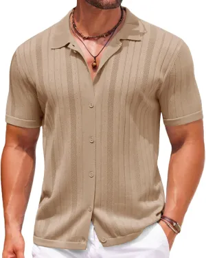 COOFANDY Mens Knit Button Down Shirts Crochet Polo Shirts Vintage Short Sleeve Textured Shirts Summer Beach Tops