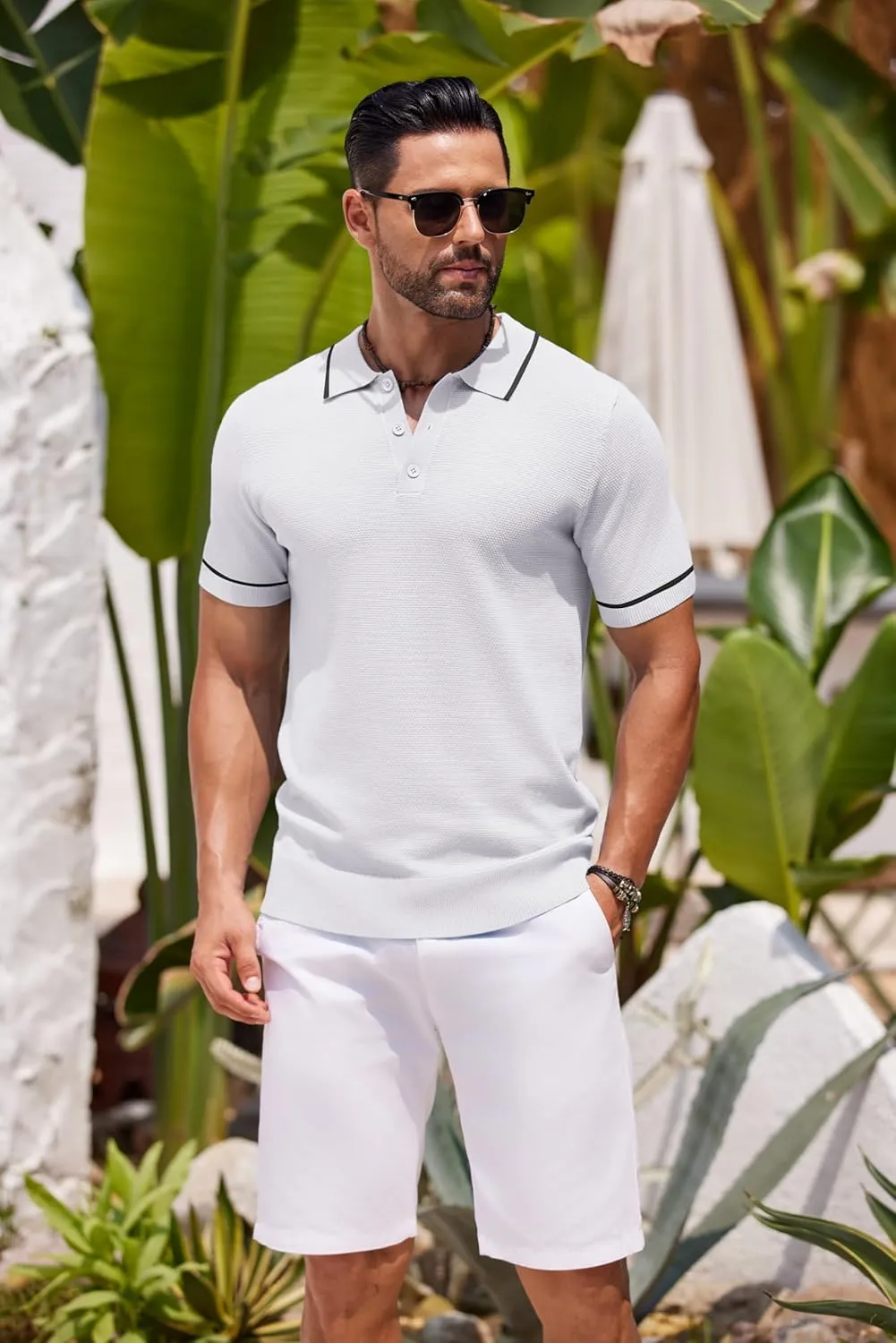 COOFANDY Men's Knit Polo Shirts Casual Short Sleeve Button Down Shirts Crochet Classic Golf Polo Collared Shirts