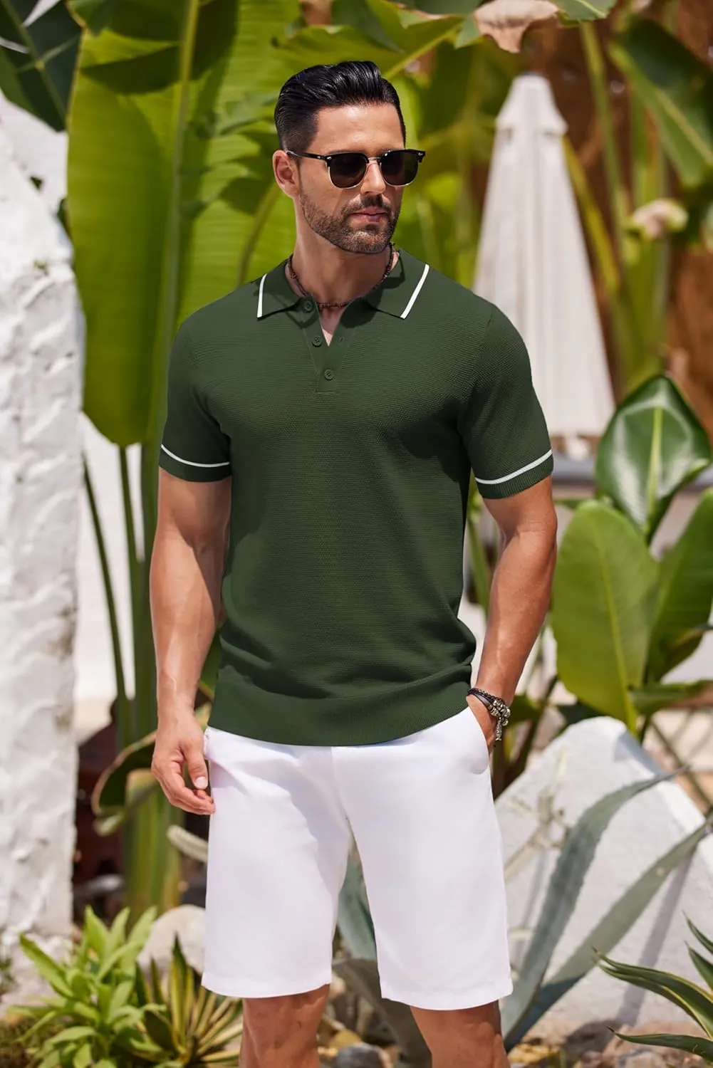COOFANDY Men's Knit Polo Shirts Casual Short Sleeve Button Down Shirts Crochet Classic Golf Polo Collared Shirts