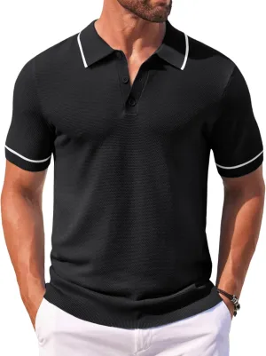 COOFANDY Men's Knit Polo Shirts Casual Short Sleeve Button Down Shirts Crochet Classic Golf Polo Collared Shirts