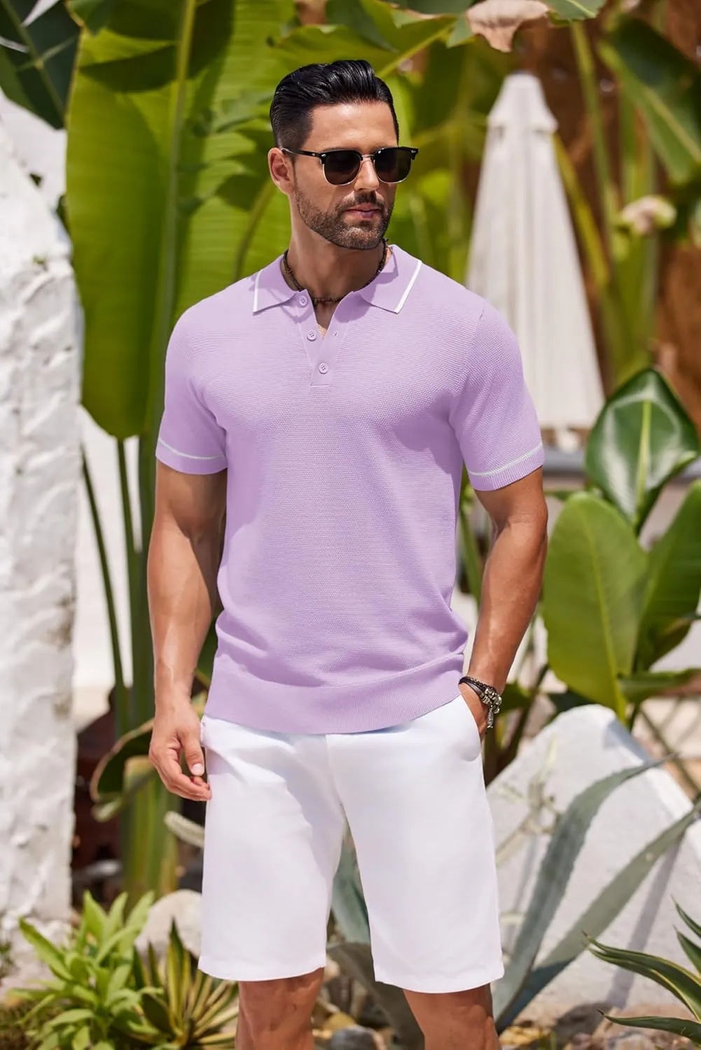 COOFANDY Men's Knit Polo Shirts Casual Short Sleeve Button Down Shirts Crochet Classic Golf Polo Collared Shirts