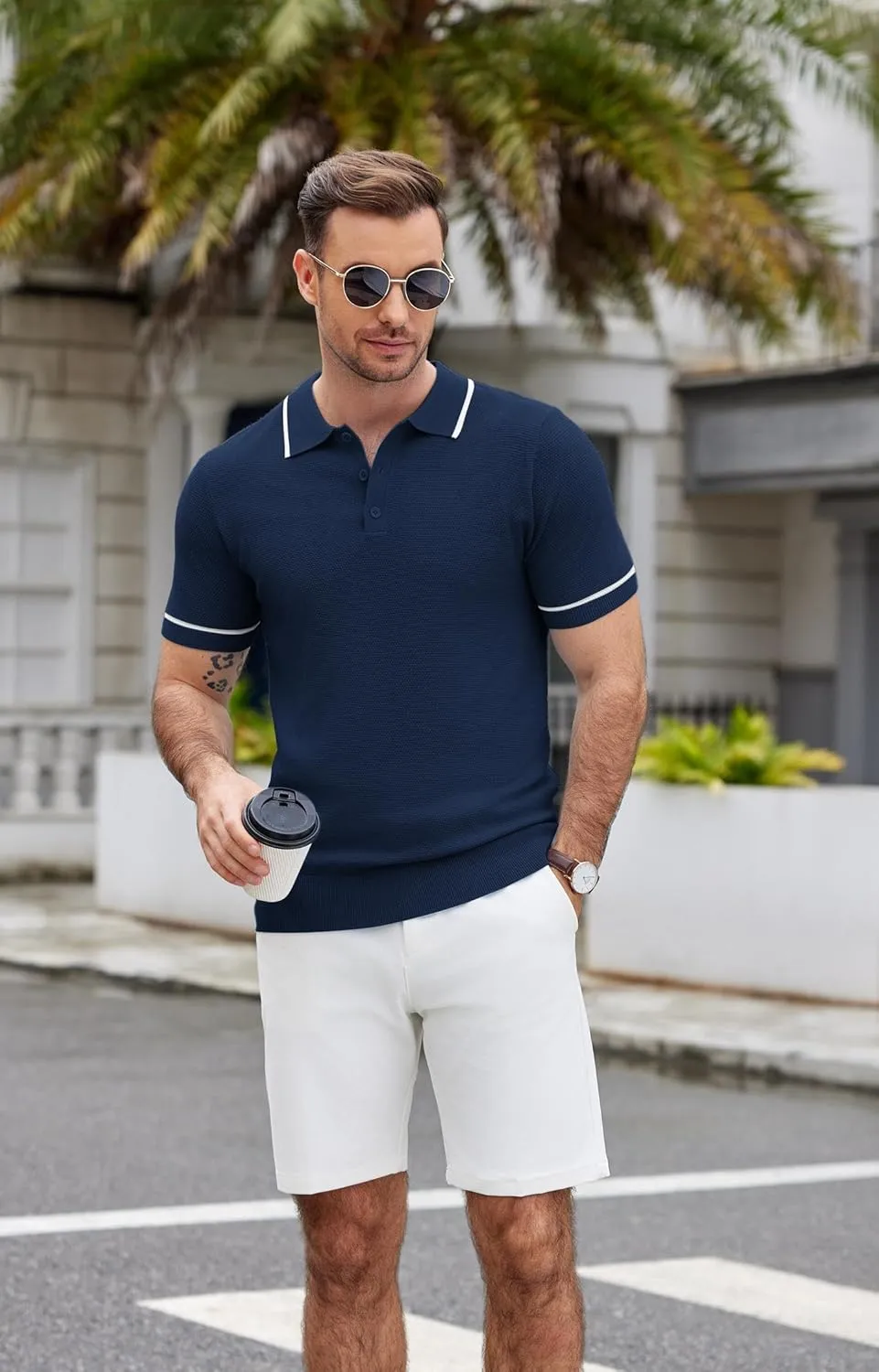 COOFANDY Men's Knit Polo Shirts Casual Short Sleeve Button Down Shirts Crochet Classic Golf Polo Collared Shirts