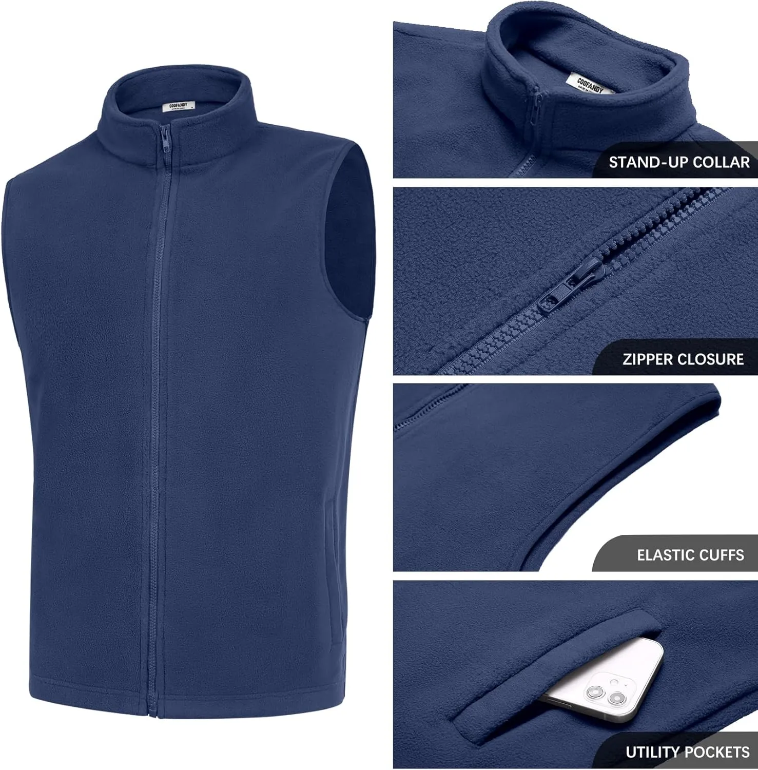 COOFANDY Men's Polar Fleece Vest Lightweight Sleeveless Zip Up Jacket Casual Outerwear Outdoor Golf Vests