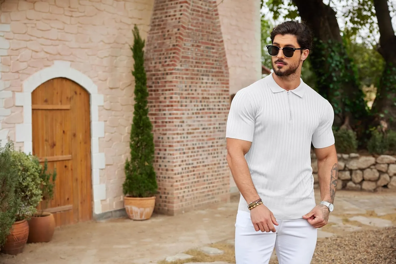 COOFANDY Men's Zipper Polo Shirts Short Sleeve Ribbed Knit Polo T Shirts Fashion Casual Golf Shirts