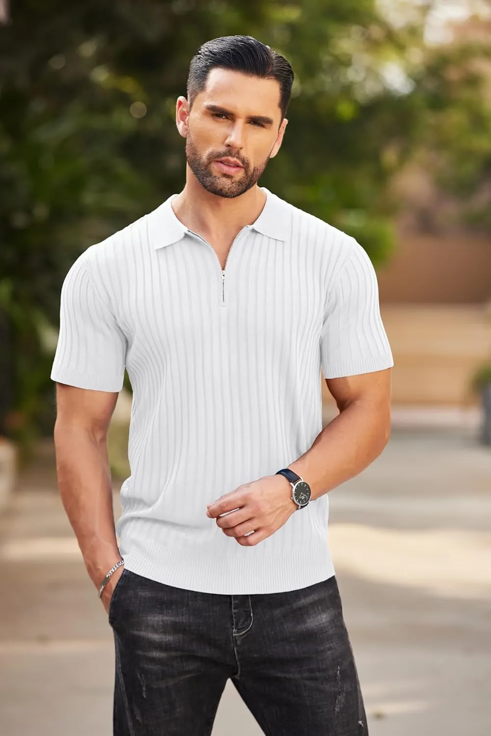 COOFANDY Men's Zipper Polo Shirts Short Sleeve Ribbed Knit Polo T Shirts Fashion Casual Golf Shirts
