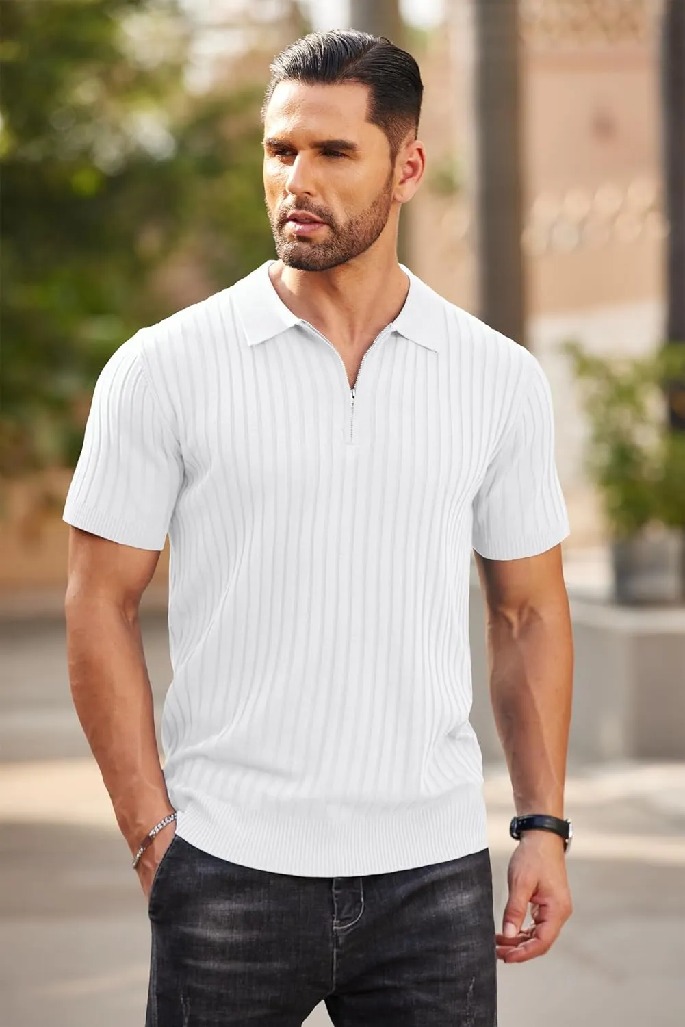 COOFANDY Men's Zipper Polo Shirts Short Sleeve Ribbed Knit Polo T Shirts Fashion Casual Golf Shirts