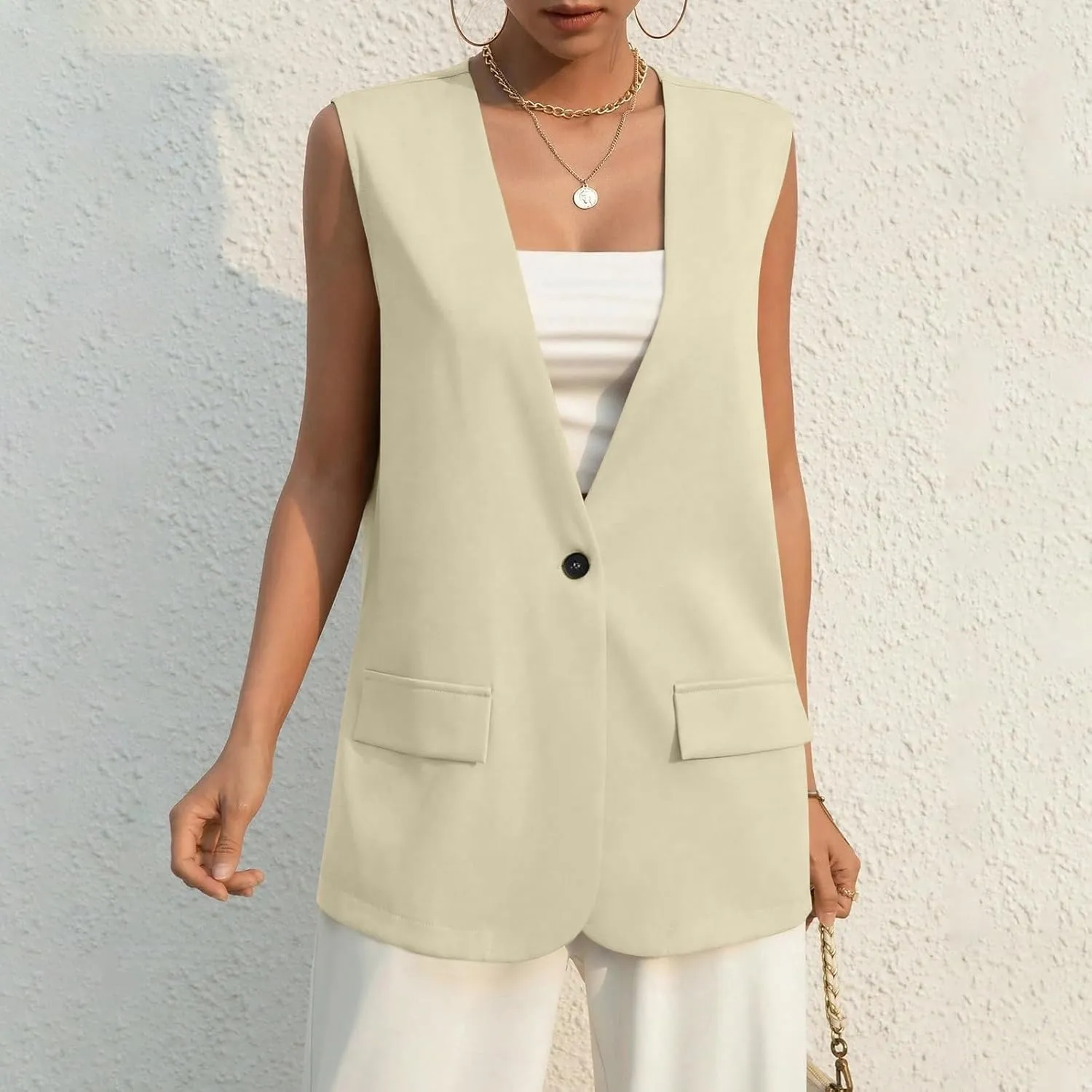 COTECRAM 2024 Vest Tops for Women Trendy Summer Sleeveless Blazer Jackets Button Casual Open Front Waistcoat Dressy Suit Vest