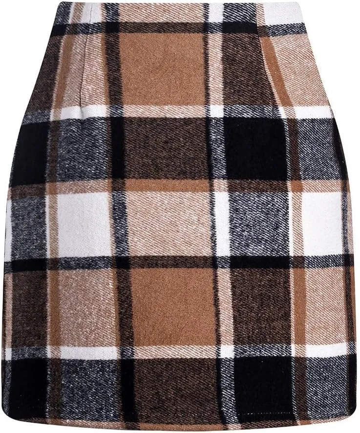 COTECRAM Plaid Mini Skirts for Women Trendy High Waisted Fall Winter Wool Bodycon Pencil Midi Skirts A-line