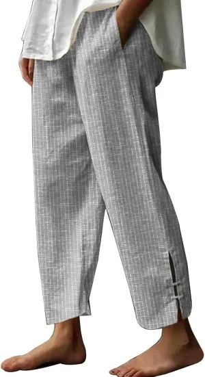 Cotton Linen Pants for Women Elastic High Waist Elastic Straight Leg Side Slit Striped Casual Loose Trousers