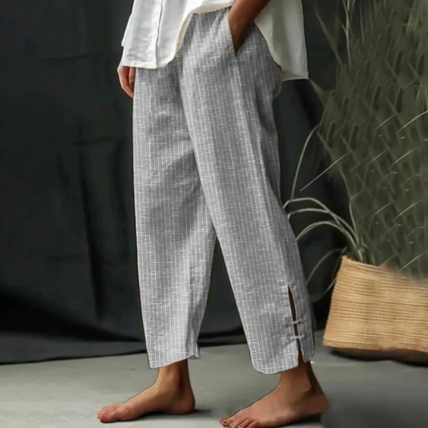 Cotton Linen Pants for Women Elastic High Waist Elastic Straight Leg Side Slit Striped Casual Loose Trousers