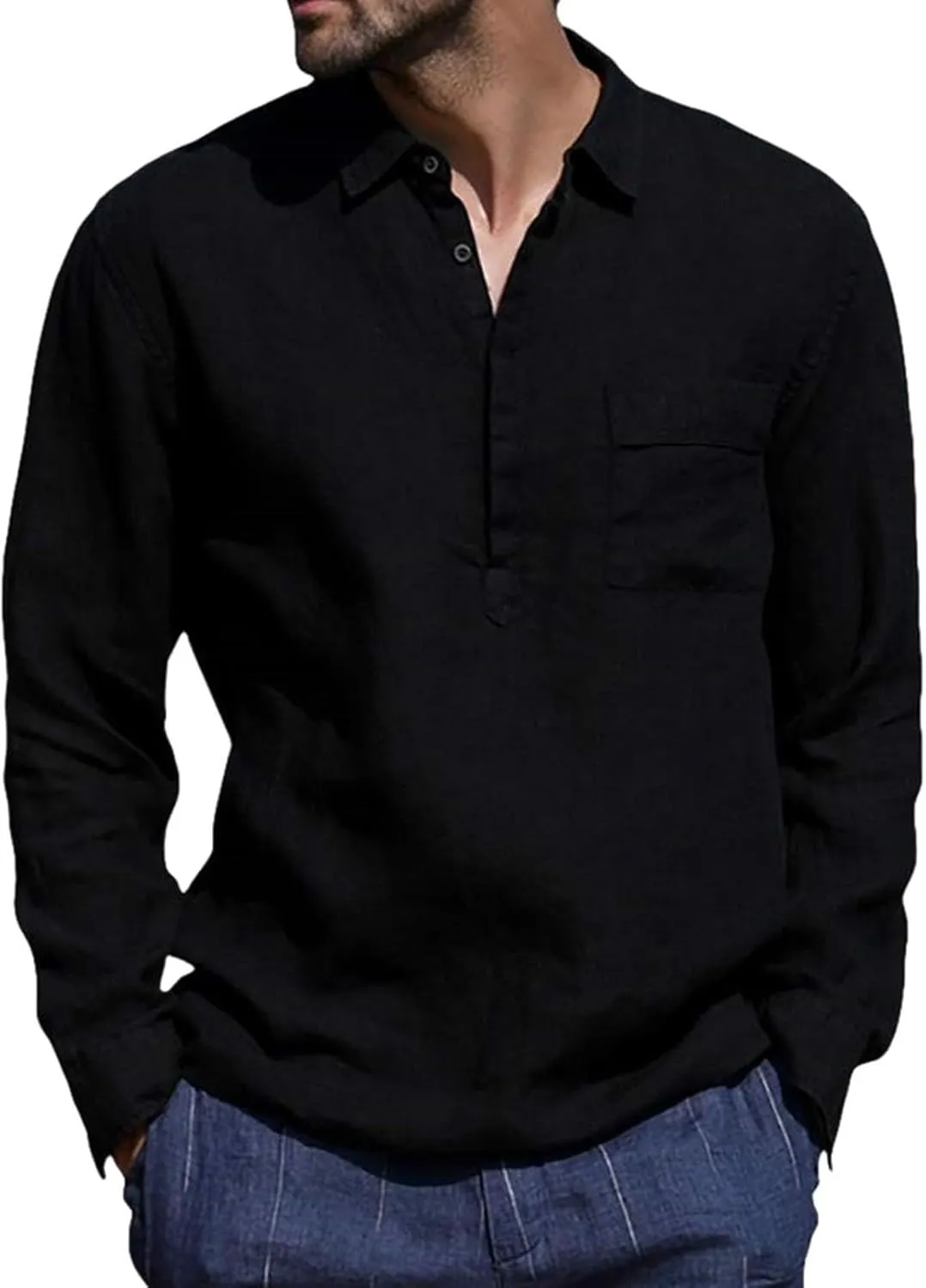 Cotton Linen T-Shirts for Men 3/4 Sleeve Casual V Neck Button Henley Shirts Lightwegiht Loose Solid Beach Tee Shirt
